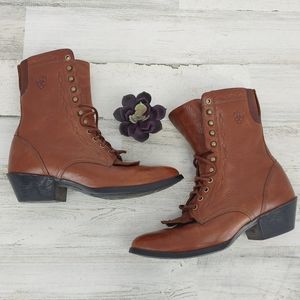 Ariat Brown Leather Lace Up Boots Heritage Roper Embossed
